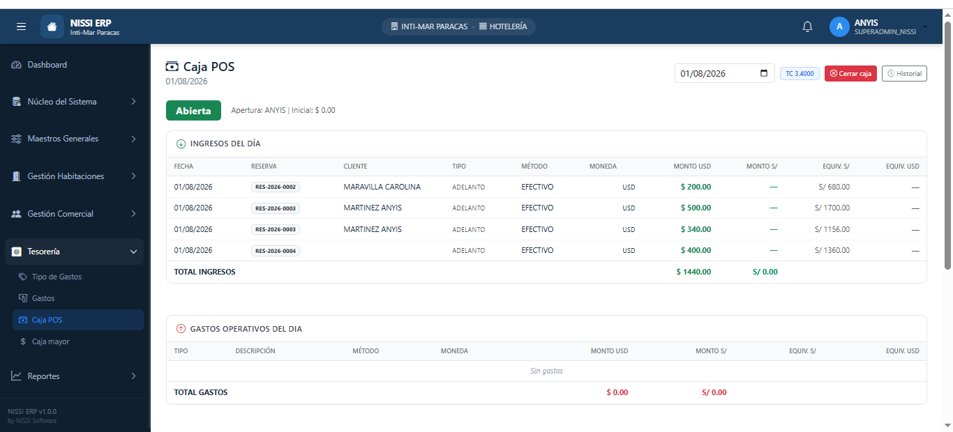 Módulo de Caja POS con ingresos del día en tiempo real