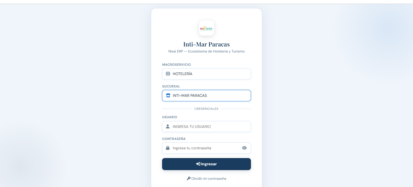 Pantalla de acceso del ERP NISSI — Ecosistema Turístico